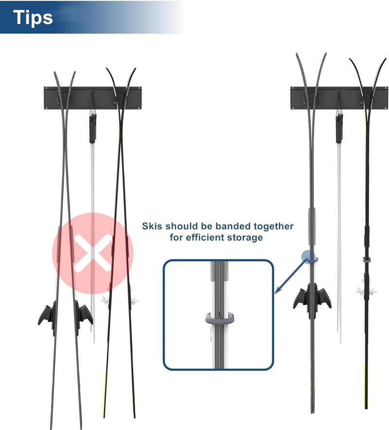 WALMANN Wall Mounted Ski Rack, Garage Ski Storage for 4 Pairs of Skis Mount Hanger Home Shed and Garage Snowboard Wall Rack Holds Up to 200 lbs - Image 3